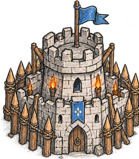 Pencil-sketched stone castle on a notebook page